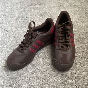 Adidas Men's Chocolate Sneakers with Burgundy Stripes